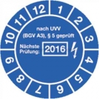 Prüfplaketten - nach UVV BGV A3, § 5 geprüft, Jahr 2016