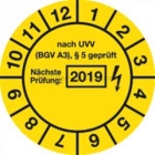 Prüfplaketten - nach UVV BGV A3, § 5 geprüft, Jahr 2019